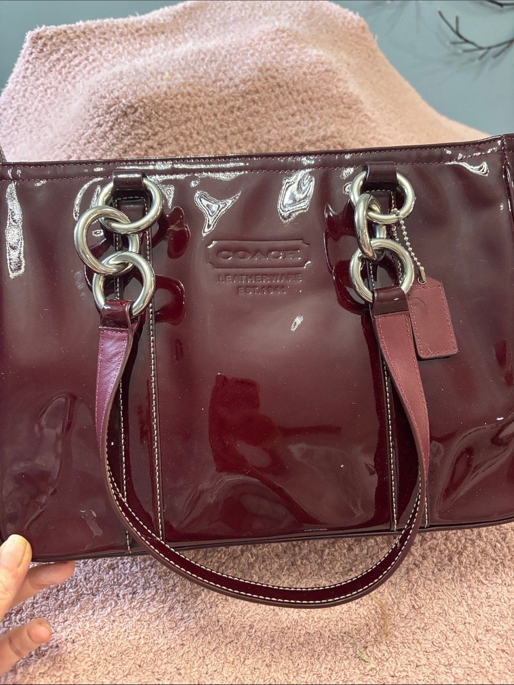 Coach Glossy Patent Leather Tote in Burgundy